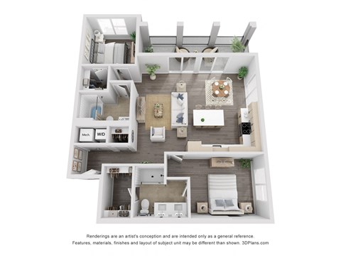 a 3d floor plan of a 1 bedroom apartment at The Flats & Terraces at Wildhorse Village, Chesterfield, MO 63005